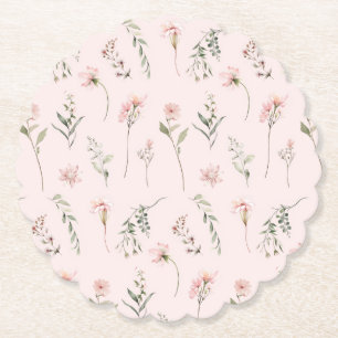 pink wildflower sage green greenery baby shower paper coaster