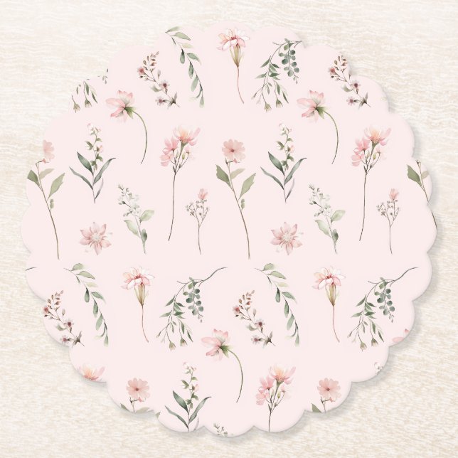 pink wildflower sage green greenery baby shower paper coaster (Front)