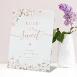Pink Wildflower script rustic Love is Sweet Pedestal Sign<br><div class="desc">Elegant delicate watercolor wildflower and stylish modern script,  Pastel palettes of soft blush pink,  off white,  beige,  dusty blue,  and botanical greenery,  simple and romantic. Great wedding love is sweet take a treat sign for rustic botanical garden wedding in spring and summer. 
See all the matching pieces in collection.</div>