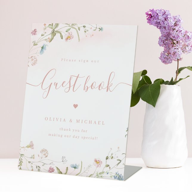Pink Wildflower script rustic Wedding Guest Book Pedestal Sign (Pink Wildflower script rustic Wedding Guest Book Pedestal Sign)