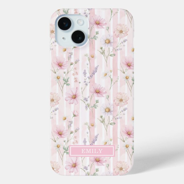 Pink Wildflower Striped Monogrammed Case-Mate iPhone Case (Back)