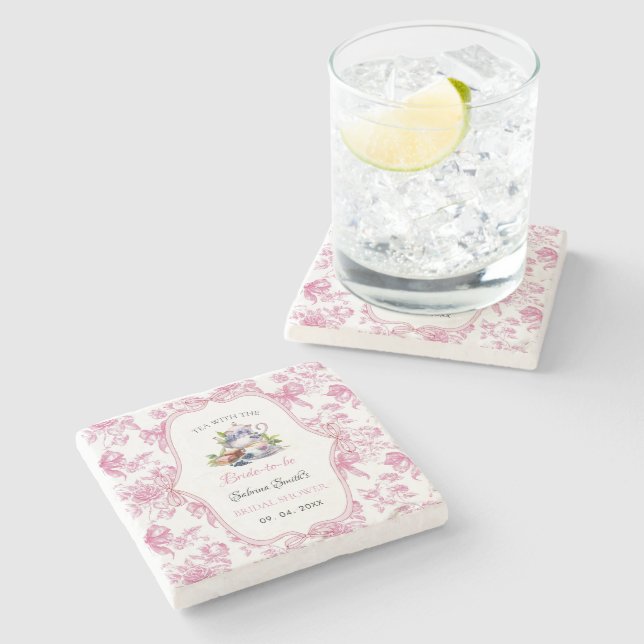 Pink Wildflower Tea Party Bridal Shower Invitation Stone Coaster (Side)