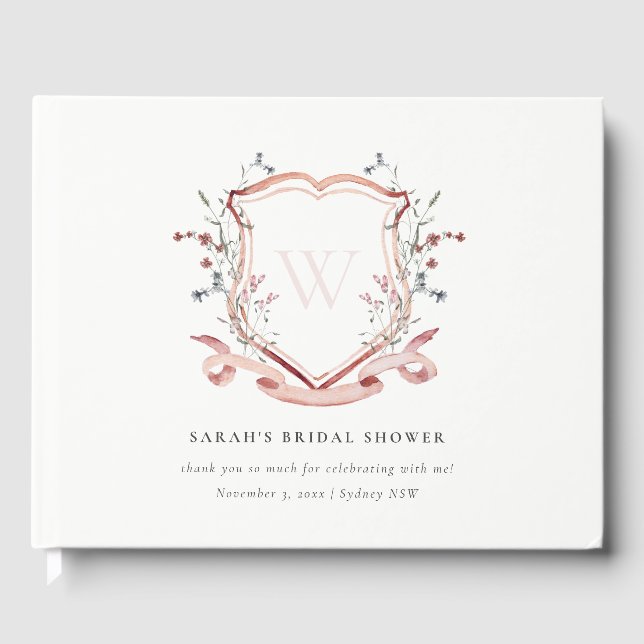 Pink Wildflower Watercolor Crest Bridal Shower Guest Book (Front)