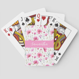 Pink Wildflower Watercolor Custom Name Playing Cards