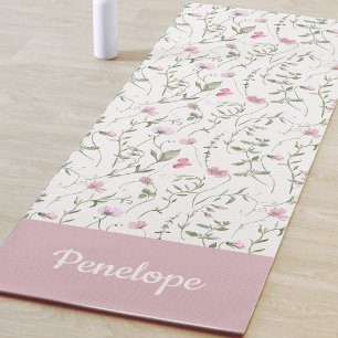 Pink Wildflower Watercolor Custom Name Yoga Mat