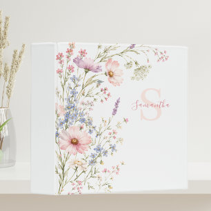 Pink Wildflower Watercolor Floral Monogram Name  Binder