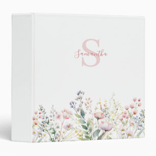 Pink Wildflower Watercolor Floral Monogram Name Binder