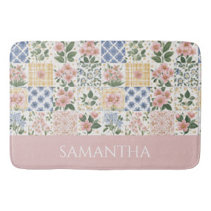 Pink Wildflower Watercolor Floral Name  Bath Mat