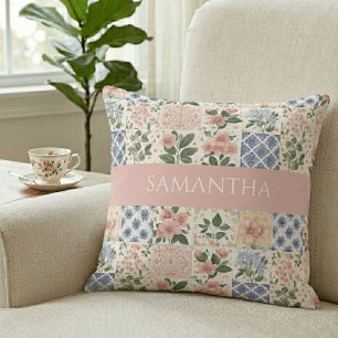 Pink Wildflower Watercolor Floral Name  Throw Pillow
