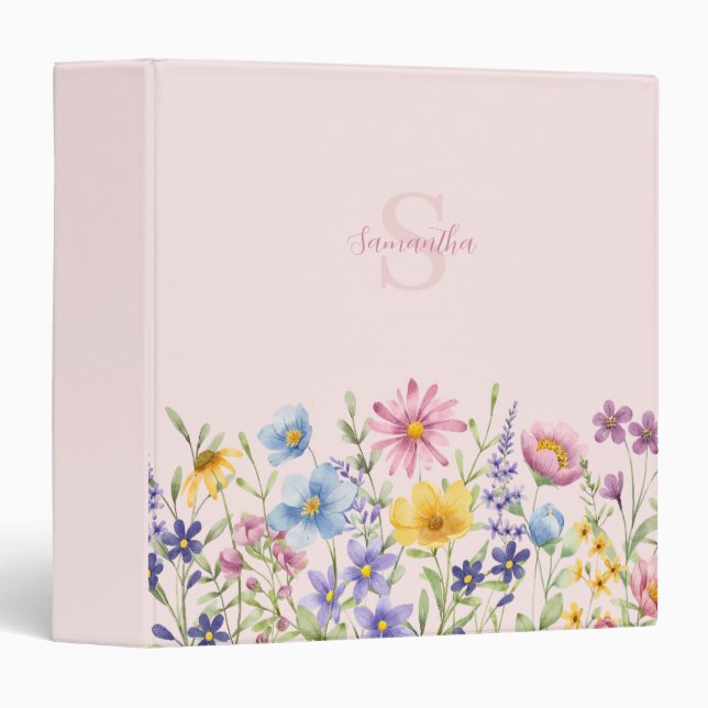 Pink Wildflower Watercolor Monogram Name Binder (Front/Spine)