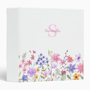 Pink Wildflower Watercolor Monogram Name Binder