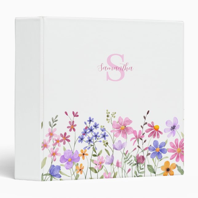 Pink Wildflower Watercolor Monogram Name Binder (Front/Spine)
