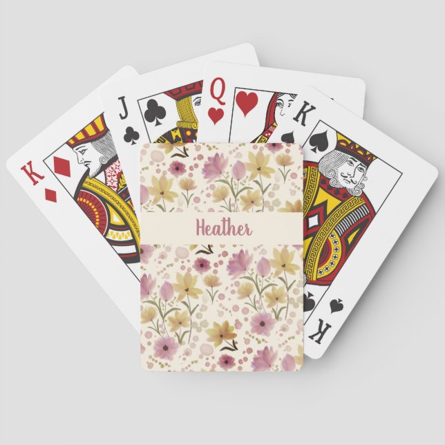Pink Wildflower Watercolor Monogram Name Playing Cards (Back)