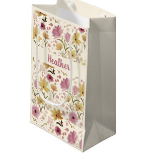 Pink Wildflower Watercolor Monogram Name Small Gift Bag