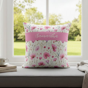 Pink Wildflower Watercolor Name Throw Pillow