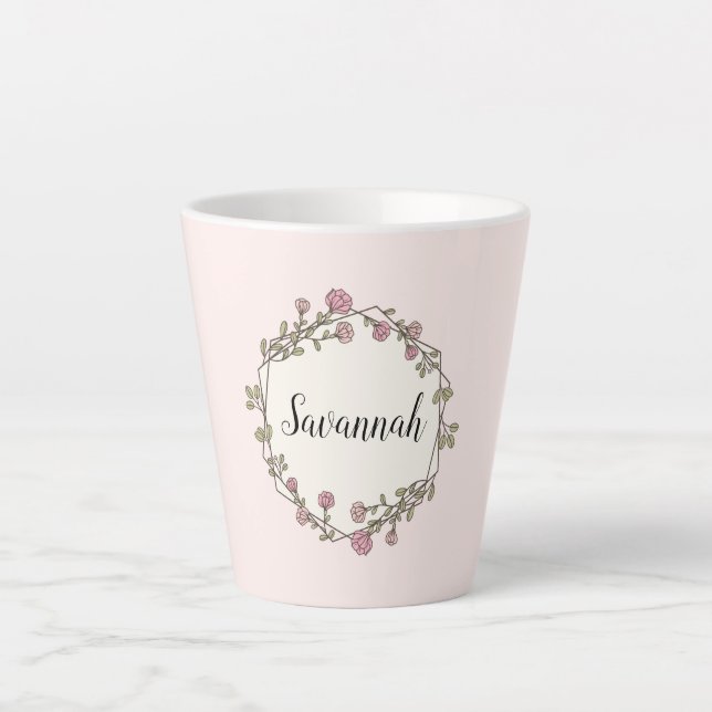 Pink Wildflower Wreath Custom Name Monogram Latte Mug (Front)