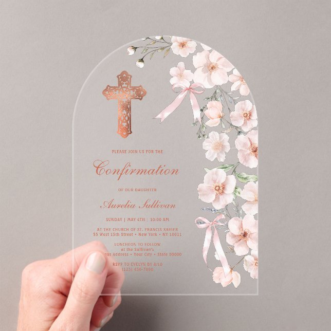 Pink Wildflowers and Bows Arch Confirmation Acrylic Invitations (Insitu (Handheld))