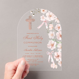 Pink Wildflowers and Bows Arch First Communion Acrylic Invitations