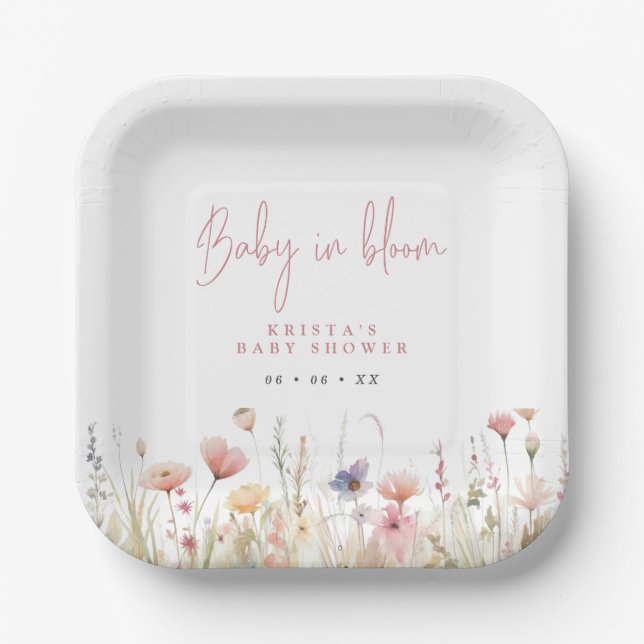 Pink Wildflowers Baby In Bloom Baby Shower Paper Plate (Front)