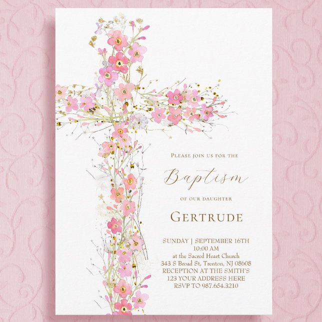 pink wildflowers cross Baptism Invitation (Creator Uploaded)