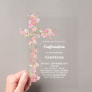 pink wildflowers cross Confirmation Acrylic Invitations