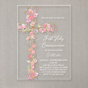 pink wildflowers cross First Holy Communion Acrylic Invitations