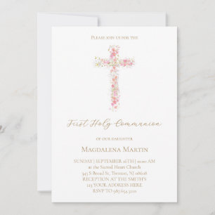 pink wildflowers cross   First Holy Communion Invitation