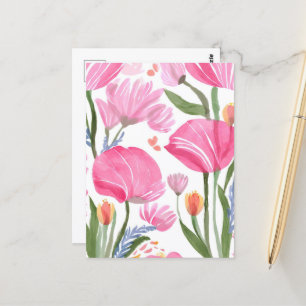 Pink Wildflowers   Floral Watercolor Postcard