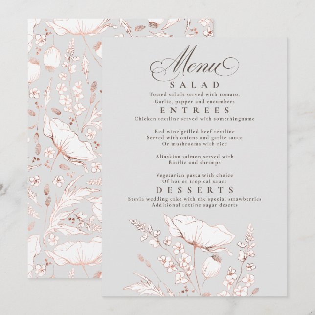 Pink Wildflowers Grey and White Wedding Menu Invitation (Front/Back)