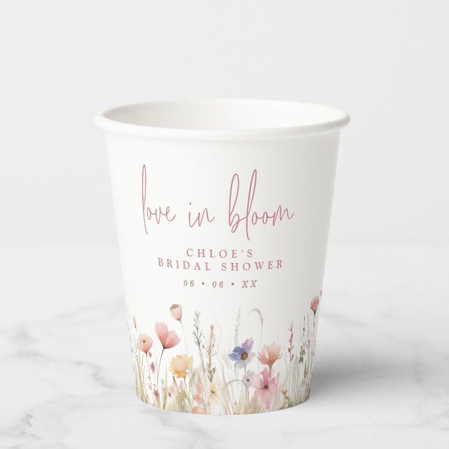 Pink Wildflowers Love In Bloom Bridal Shower Paper Cups (Front)
