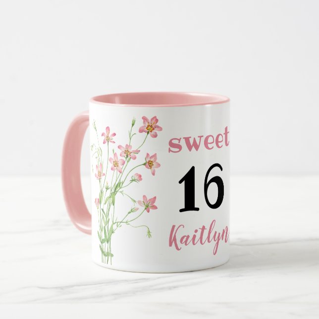 Pink Wildflowers Sweet 16 Birthday Personalize Mug (Front Left)