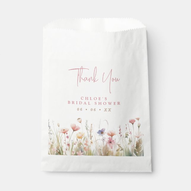 Pink Wildflowers Thank You Bridal Shower Favour Bag (Front)