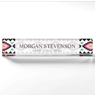 Pink Wildflowers Tribal Pattern Nameplate