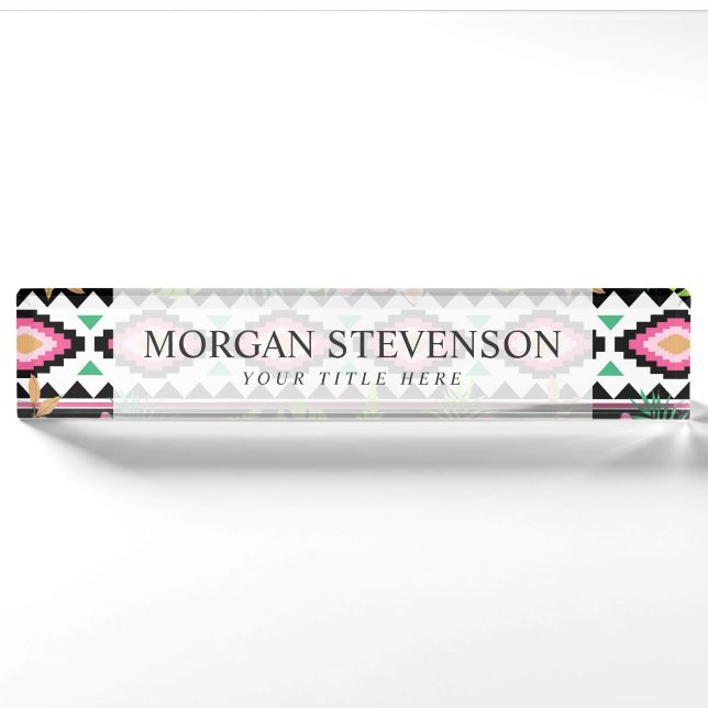 Pink Wildflowers Tribal Pattern Nameplate (Front)