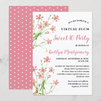 Pink Wildflowers Virtual Sweet 16 Birthday Party Invitation