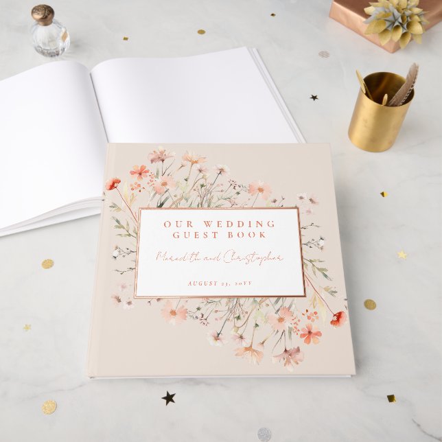 Pink Wildflowers Wedding Rose Gold Guest Book (Front Open)