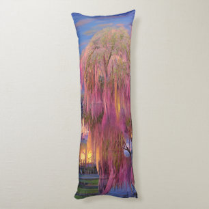 Pink Willow tree at sunset by the pond Body Pillow