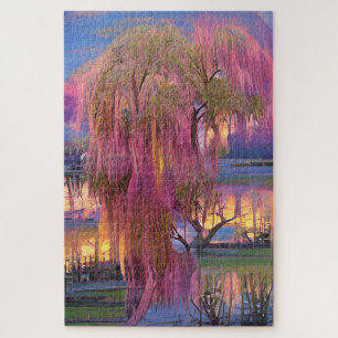 Pink Willow tree at sunset by the pond Jigsaw Puzzle