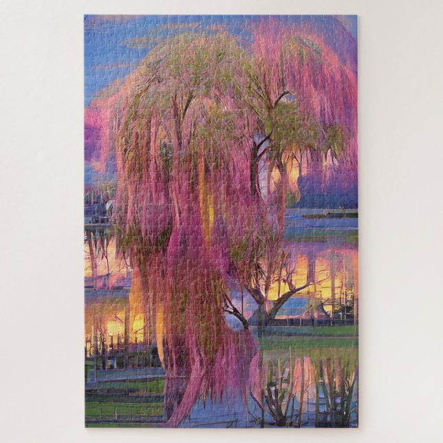 Pink Willow tree at sunset by the pond  Jigsaw Puzzle (Vertical)