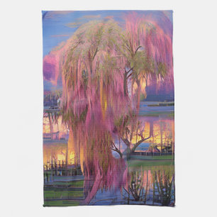 Pink Willow tree at sunset by the pond Kitchen Towel