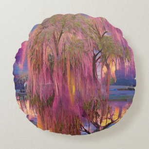 Pink Willow tree at sunset by the pond Round Pillow