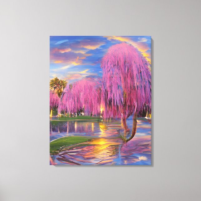 Pink Willow trees at sunset by the pond    Canvas Print (Front)