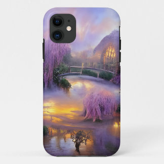 Pink Willow trees at sunset by the pond iPhone 11 Case