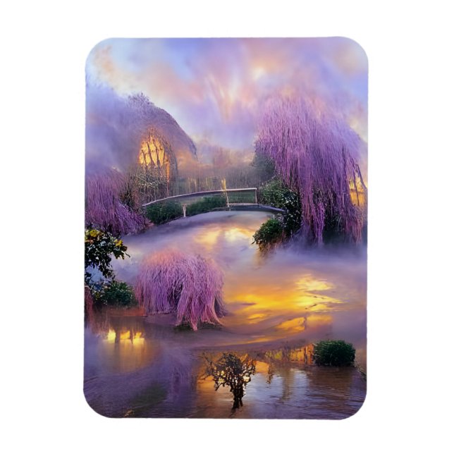  Pink Willow trees at sunset by the pond Magnet (Vertical)