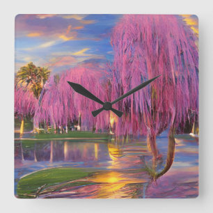 Pink Willow trees at sunset by the pond   Square Wall Clock