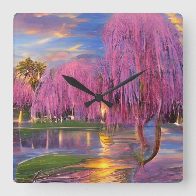 Pink Willow trees at sunset by the pond   Square Wall Clock (Front)