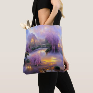 Pink Willow trees at sunset by the pond Tote Bag