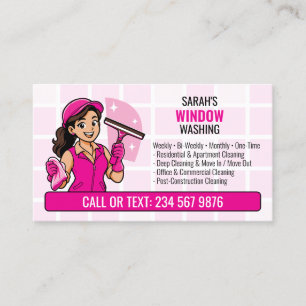 Pink Window Cleaning QR Cartoon Girl Business Card