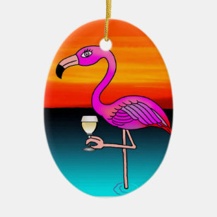 Pink Wine drinking Flamingo customized Ceramic Ornament