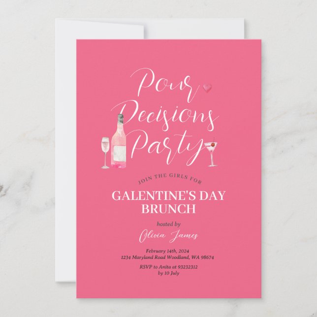 Pink Wine Galentine's Day Party Brunch Dinner Invitation (Front)